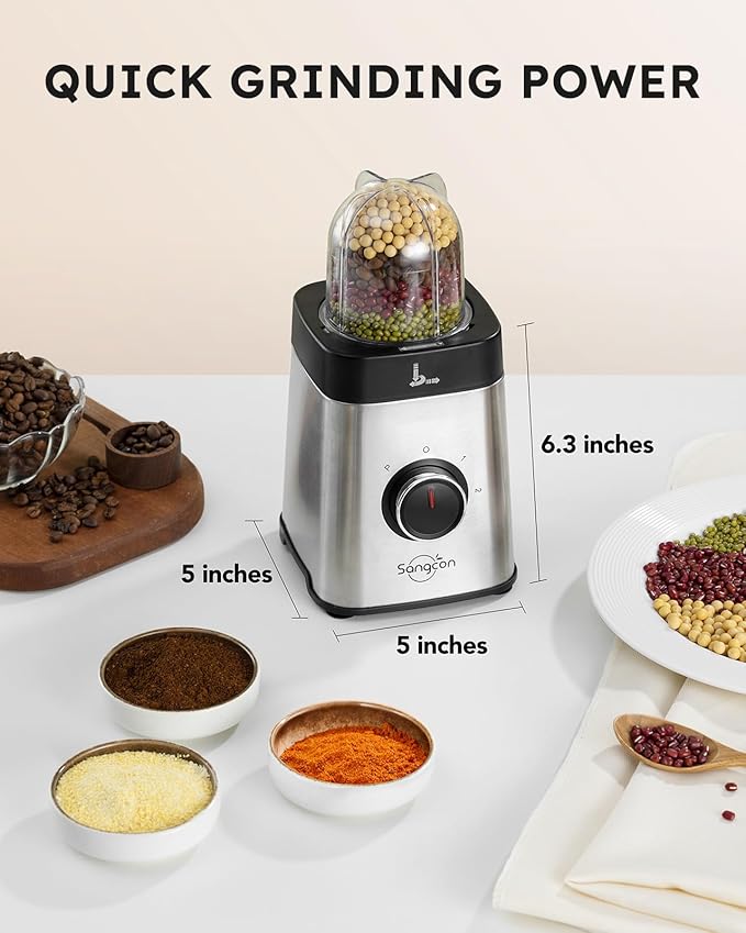 Sangcon Blenders and Food Processor Combo for Kitchen, 5 in 1 Blender for Shakes and Smoothies, Meat Chopped, Grinding & more, 40 oz Jar & 17oz Cup with To-Go Lid, Stainless Steel Silver