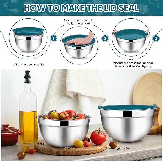 TeamFar Mixing Bowl Set of 5, Stainless Steel 4.5/3/1.5/1/0.7 QT Metal Nesting Salad Bowls with Lids, Ideal for Mixing Serving Tossing, Non-Toxic & Sturdy, Airtight Lid & Easy Clean, Blue