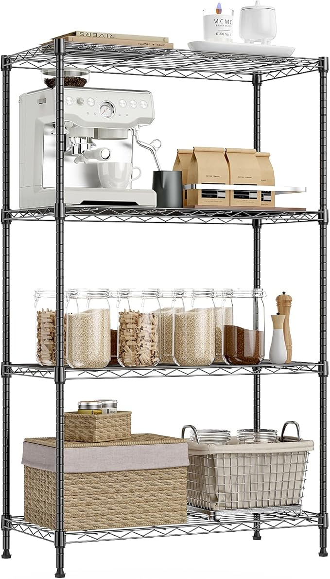 IZEUK 4-Tier Heavy Duty Steel Storage Shelves, Metal Shelf Wire Shelving Rack for Pantry, Kitchen, Garage, or Office Organization (29.5" W x 13.7" D x 47.2" H, 1000LBS, Black)
