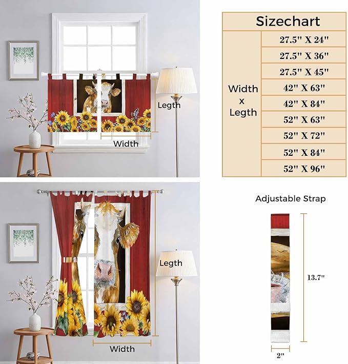 Cows Sunflowers Living Room Curtains 84 Inch Length, Window Curtains Tab Top, Spring Floral Bees Farmhouse Barn Light Filtering Window Treatments Drapes 52"x84" 2 Panel