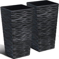 Worth Garden 2-Pack Black Tall Planter - Plastic Square Tapered Tree Plant Pots for Indoor Outdoor - 22" H - Modern Wavy Finish Decorative Flower Pots for Front Porch Containers Patio Deck