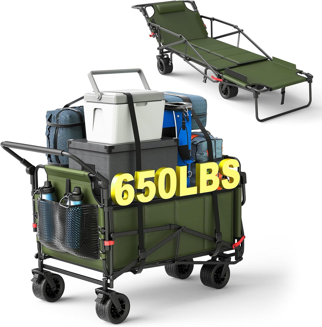 LEVELEVE Heavy Duty Folding Wagon - 2-in-1 Collapsible Cart, 650lb Capacity, All-Terrain Wheels w/Brakes & Side Pockets (Army Green)