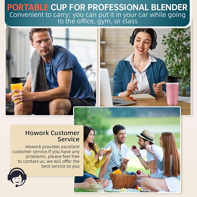 HOWORK Blender for Smoothies, 750W Personal Blender, 56 Oz Glass Jar, 16oz Portable Cups,2+p speed, 3 Functions for Smoothies, Frozen Drinks & Ice Cream,Black