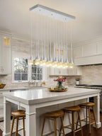 Modern Rectangular Chandelier,14 Lights Silver Raindrop Chandelier Lighting,Industrial Linear Pendant Ceiling Light Fixture for Dining Living Room Kitchen Island