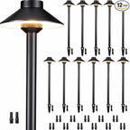 Solid Cast Brass Pathway Light - 12v LED Landscape Path Lights Outdoor Waterproof IP65, Electric Pathlights Wired, Hat Shape Black for Garden Decorations G4 Bulb Not Included (12 Pack)