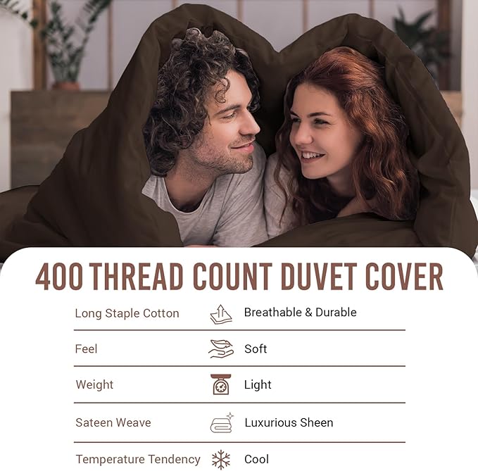Pizuna Pure 100% Cotton Full Duvet Cover Set, Luxurious 400 Thread Count Long Staple Cotton Sateen Weave with Button Closure (Combed Dark Brown Cotton Duvet Cover Full)