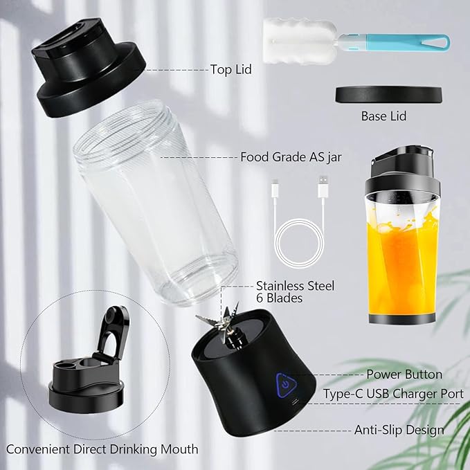 Portable Blender, 24oz Personal Blender for Shakes & Smoothies, 6000mAh, Leakproof-Lid & Sip Spout, BPA Free, USB-C Rechargebale and Self Cleaning Portable Juicer with 6 Sharp Blade, Black