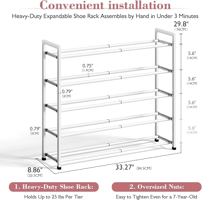 Bumusty 5-Tier Expandable Shoe Rack for Closet, 18“-33” Adjustable Shoe Rack for Small Space, Small Shoe Organizer for Front Door, Sturdy Metal (White)
