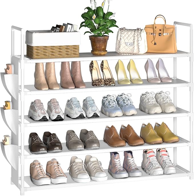 5 Tier Shoe Organizer, 33.3in Wide x 11.2in Deep x 35.6in Tall, Black Metal and Plastic Shoe Rack with Side Bag, Holds 20-25 Pairs of Shoes