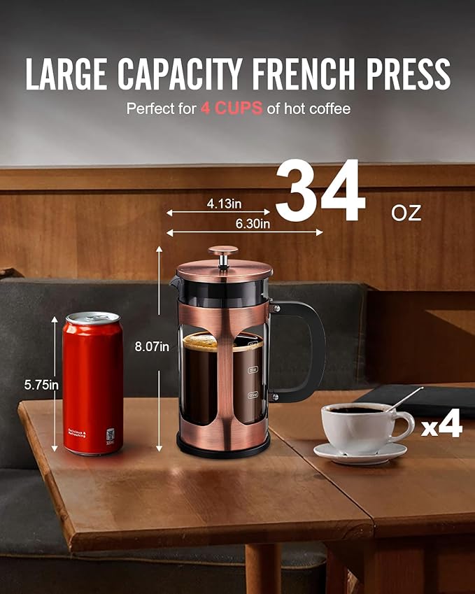 BAYKA 34oz 1 Liter French Press Coffee Maker,Mothers Day Gifts for Mom,Coffee Lover Gift,Heat Resistant Thickened Borosilicate Glass Stainless Steel Brewer,Cold Brew Cafetera Teapot for Kitchen,Copper