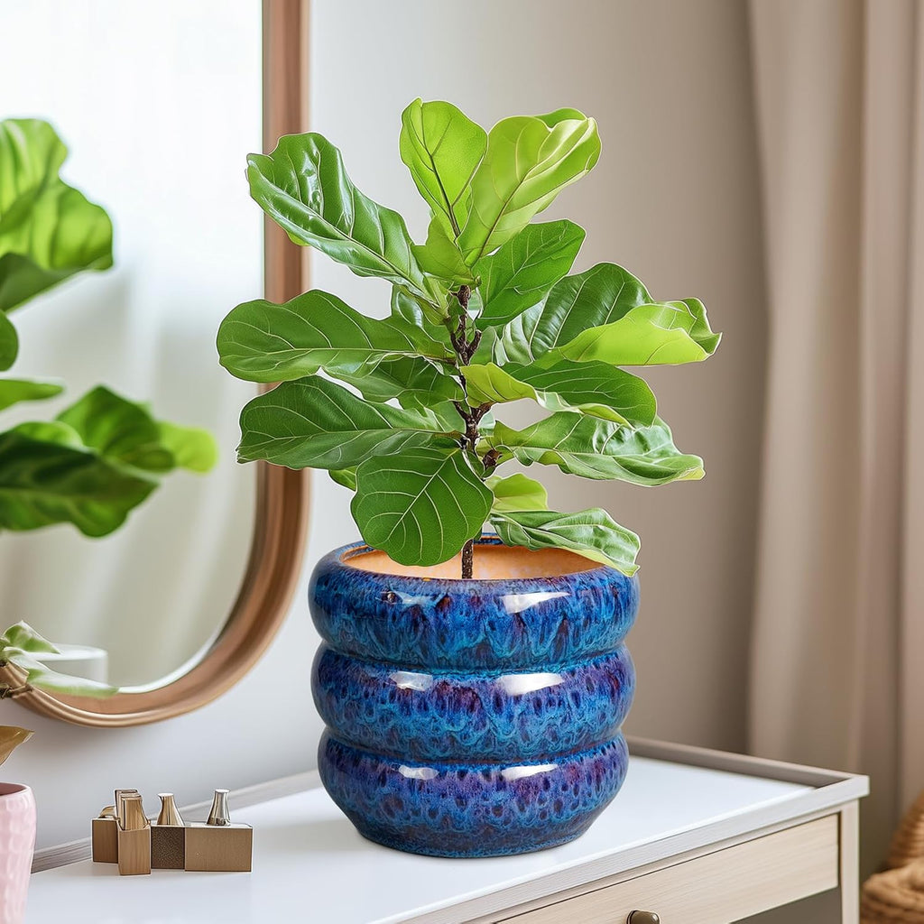 SQOWL Ceramic Planter Pot - 8 Inch Plant Pot Indoor with Drainage Hole Round Outdoor Pot for Plants Decorative Flower Pots Round Planter for Home Room Decor Blue