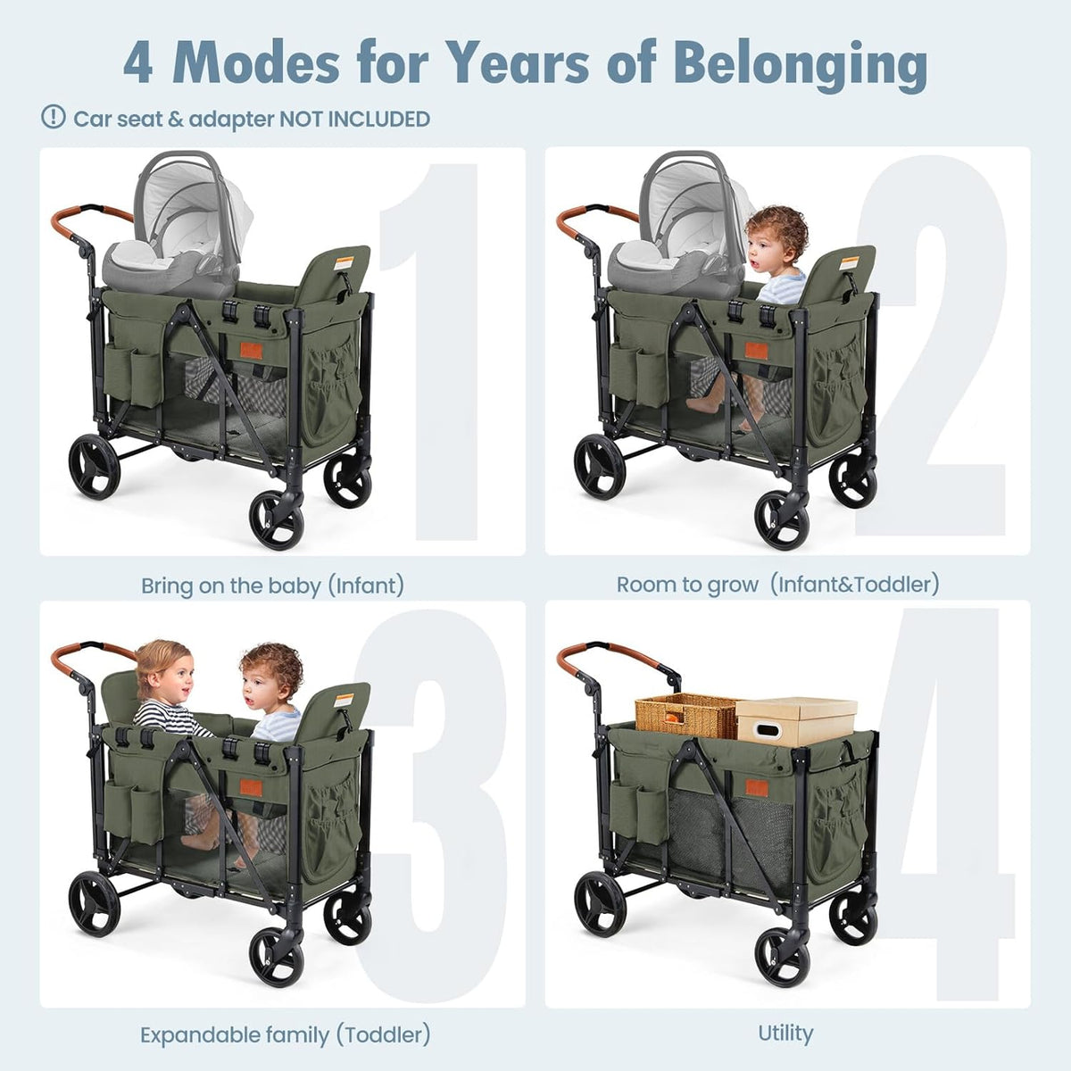 Wagon Stroller for 2 Kids, High Seat & 5 Point Harness, Foldable All-Terrain Wagon for Toddler with Canopy, Parent Organizer, Shoulder Bag, Adjustable Handlebar, Ultimate Double (Green)