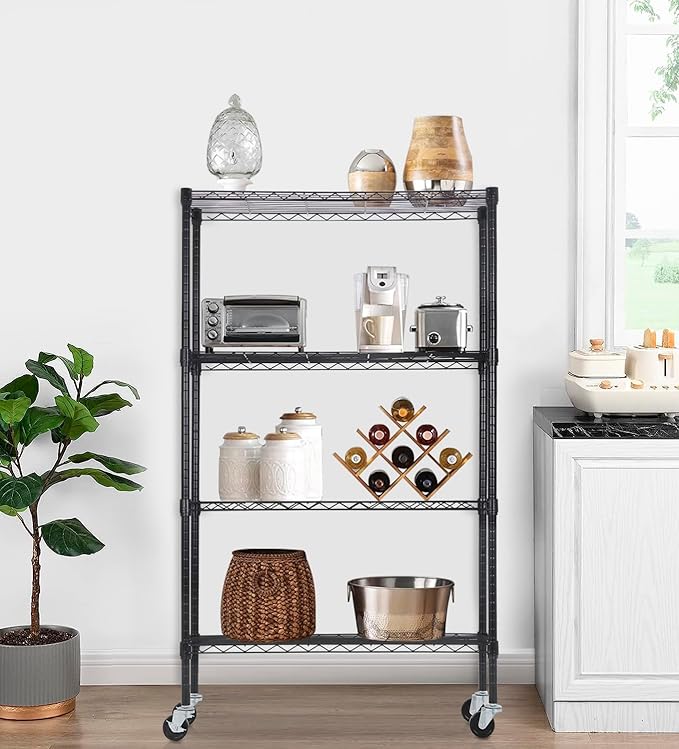 PayLessHere 4-Tier Adjustable Shelf Shelving Unit Shelves Shelf Heavy Duty Storage Steel Organizer Wire Rack (1400 lbs Loading Capacity) with Wheels Multi-Function Easy Assembly,Black