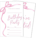 SIXEIGHT Pink Bow Birthday Invitations, Pink Ribbon Bow Birthday Party Invitations, 20 Party Invitations with Envelopes for Girls Boys, Birthday Party Favor & Decoration (4"x6")-A04