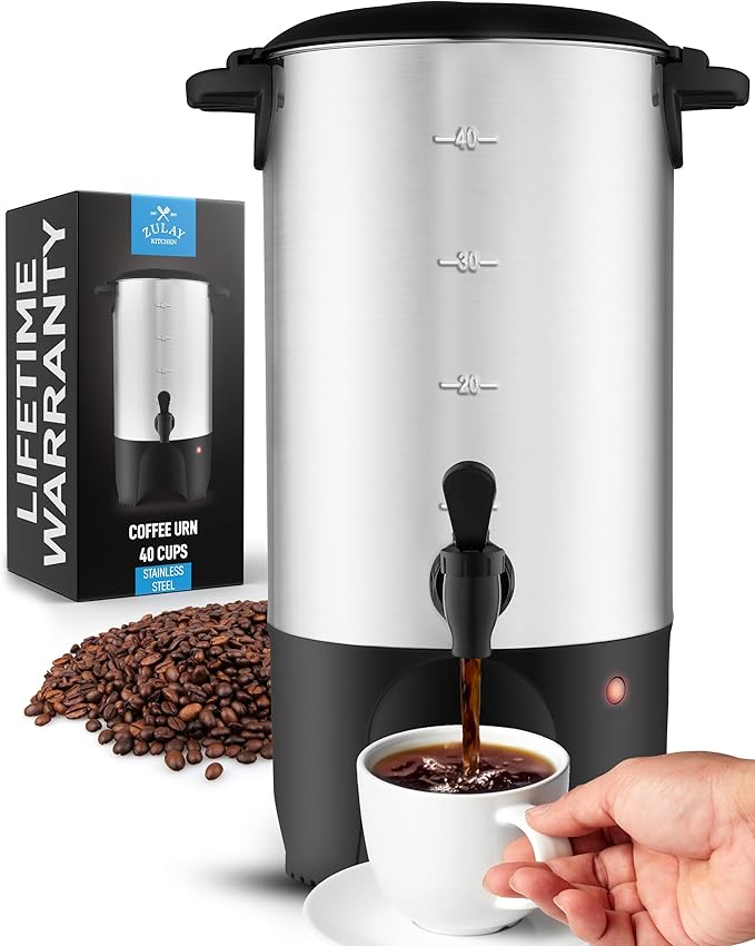 Zulay Commercial Coffee Maker Stainless Steel - Coffee Urn With Twist-Lock Lid & Cool-Touch Handles - Quick-Brewing Coffee Maker With Keep-Warm Mode For Events & Catering - 40 Cup Silver