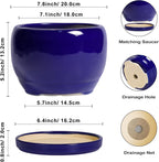 SQOWL 8 Inch Plant Pot - Ceramic Planter for Indoor Plants Outdoor, Ceramic Flower Pot with Drainage Hole and Saucer, Modern Round Planter, Bathroom Decor, Gifts for Plant Lovers, Blue