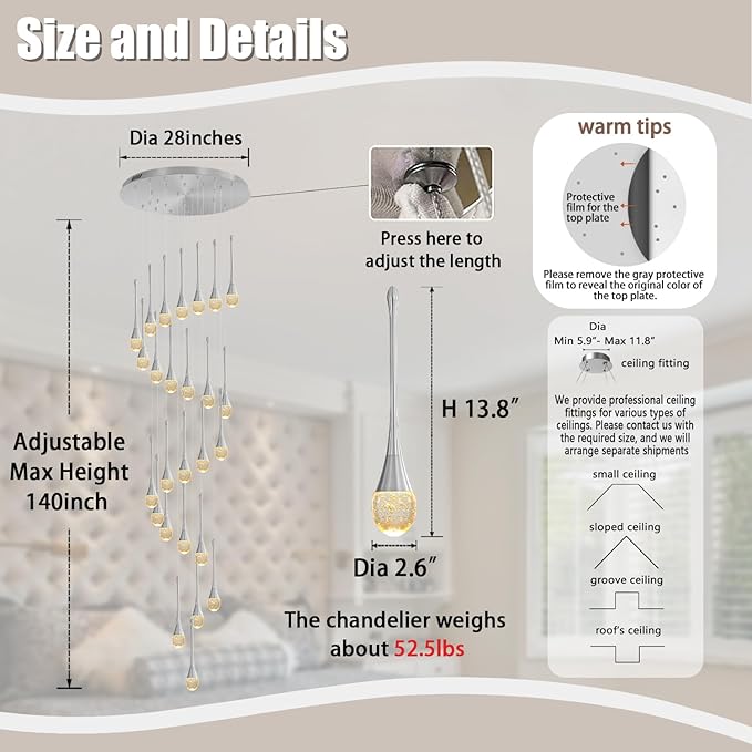 138" Large Crystal Chandelier for High Ceiling Modern K9 Crystal Raindrop Chandeliers Lighting Round Ceiling Light Entryway Staircase Foyer Villa LED Dimmable 2700-6000K