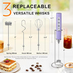 YUSWKO Light Purple Rechargeable Milk Frother for Coffee with Stand, Handheld Drink Mixer with 3 Heads 3 Speeds Electric Stirrers for Latte, Cappuccino, Hot Chocolate, Egg