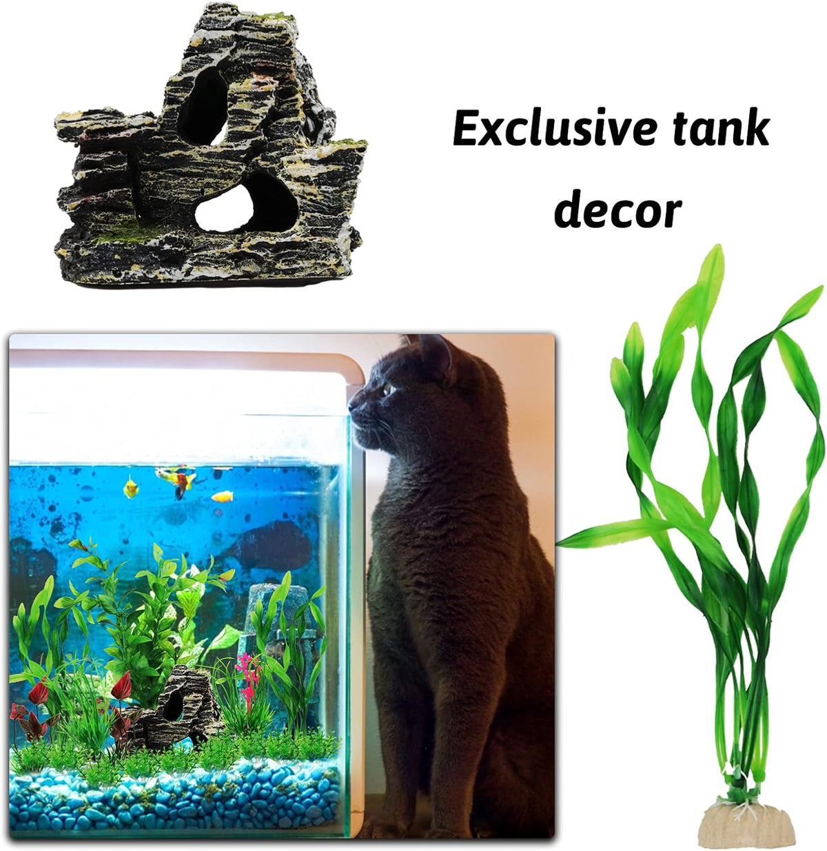 Fish Tank Accessories Aquarium Decorations Rock Plants, 20pcs Green Fish Tank Decorations Plants and Cave Rock Decoration Decor Set, Fish Tank Decor, Aquarium Decor Plastic Plants
