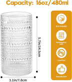 AkutaaVintage Hobnail Drinking Glasses Set of 6, 16 oz Large Capacity Embossed ClearTumblers, Highball Glasses for Water, Cocktail, Beer, Whiskey, Kitchen & Bar Use