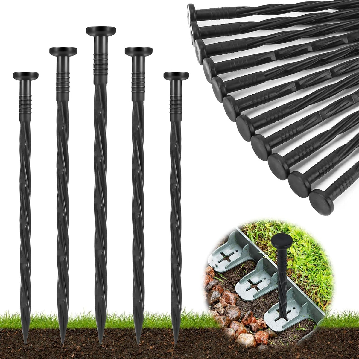Landscape Edging Stakes, 200 Pcs 8" Plastic Garden Spikes, Spiral Nylon Anchoring Spikes for Paver Edging, Weed Barriers, Artificial Turf, Tent, Grass Pathway and More, Black
