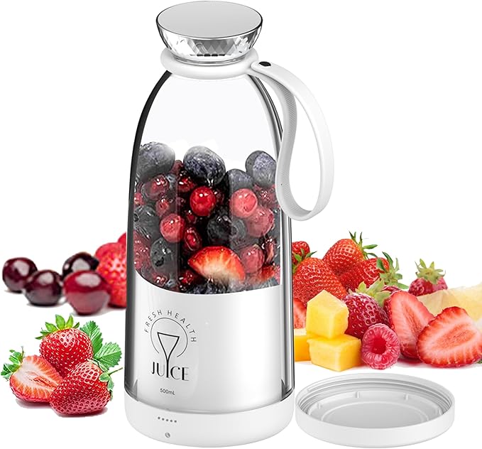 Portable Blender, Personal Smoothie Maker with 6 Blades, Rechargeable Mini Juicer Cup, 17 oz with Travel Lid for Outdoors, Camping, Office, Kitchen (White)