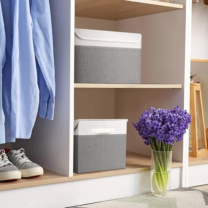 Large 22 Quart Linen Fabric Foldable Storage Bin Cube Organizer Basket with Flip-Top Lid & Handles, Clothes Blanket Box for Home, Office, Closet, Gray & White, 4 Pack 14.6 x 9.5 x 9.5”