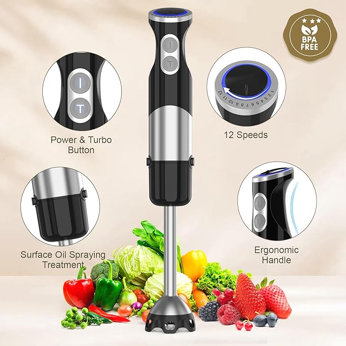 Immersion Blender Handheld 5 in 1-1100W Scratch Resistant Blender Stick, 12 Speed and Turbo Boost Hand Blender with Chopper Beaker Whisk and Milk Frother for Milkshake Puree Smoothie Food