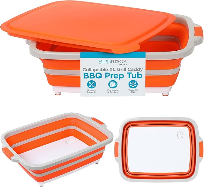 BIRDROCK HOME Collapsible XL BBQ Prep Tub w/Cutting Board, Multi-Function Grill Caddy w/Colander & Lid, Portable Silicone Dish Bowl for Picnic, Tailgate, Camping - Orange
