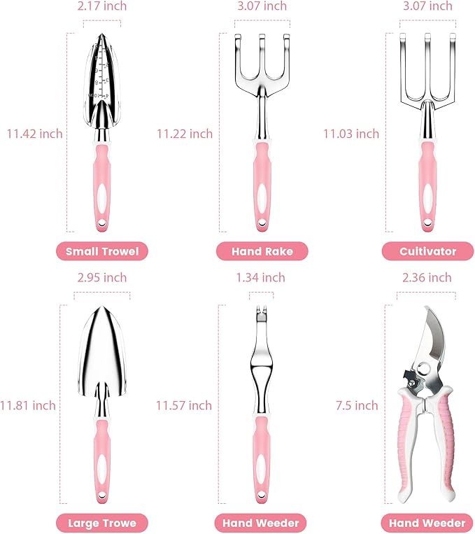 Garden Tools, 8 Piece Gardening Tools with Bag, Heavy Duty Stainless Steel Garden Tools Set, Outdoor Hand Tools, Ideal Garden Tool Kit Gifts for Women Pink.