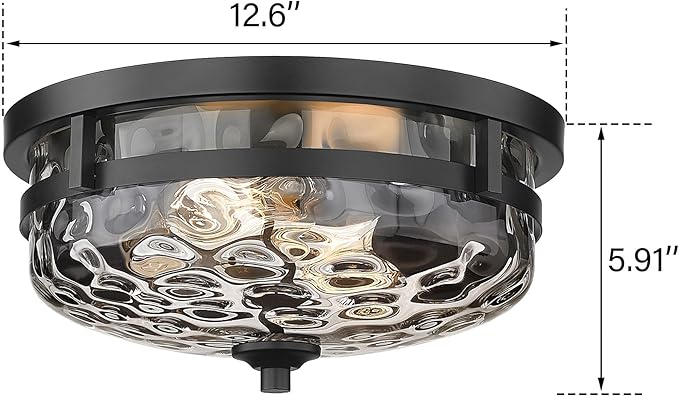 Casia Flush Mount Ceiling Lights, 2-Light Farmhouse Close to Ceiling Light, Hammered Glass Ceiling Light, Industrial Ceiling Lighting Fixture for Kitchen Hallway Living Room Stairwell (Black)
