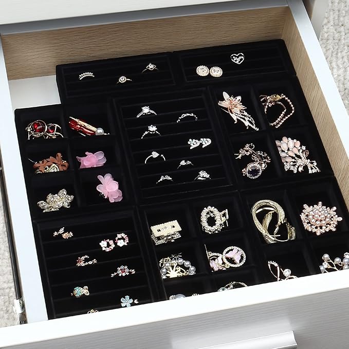 DesignSter Small Jewelry Tray-Ring Organizer 2PCS Premium Velvet Rings Earrings Display Tray Storage Insert Holder for Jewelry Box, Drawer, Dresser (6 Grids, Black)