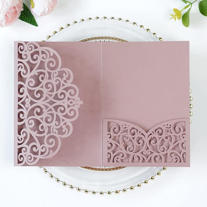PONATIA 5.12 x 7.2 Dusty Rose Laser Cut Wedding Invitations, 5x7 Trifold Laser Cut Invitation Pockets with Envelopes for Wedding Bridal Shower Engagement Quinceanera Invitations (20PCS No Inner Sheet)