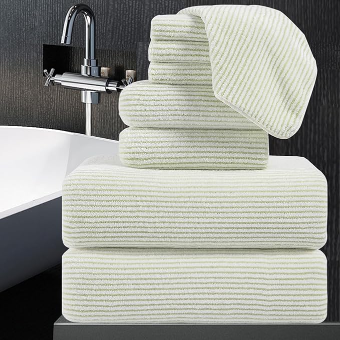 8-Piece Premium Towel Set for Bathroom|2 Oversized Large Bath Sheet,2 Hand Towels,4 Washcloths|Soft Cozy Highly Absorbent Fast Dry Microfiber Shower Towel Set for Hotel Bathroom Essentials,Green White