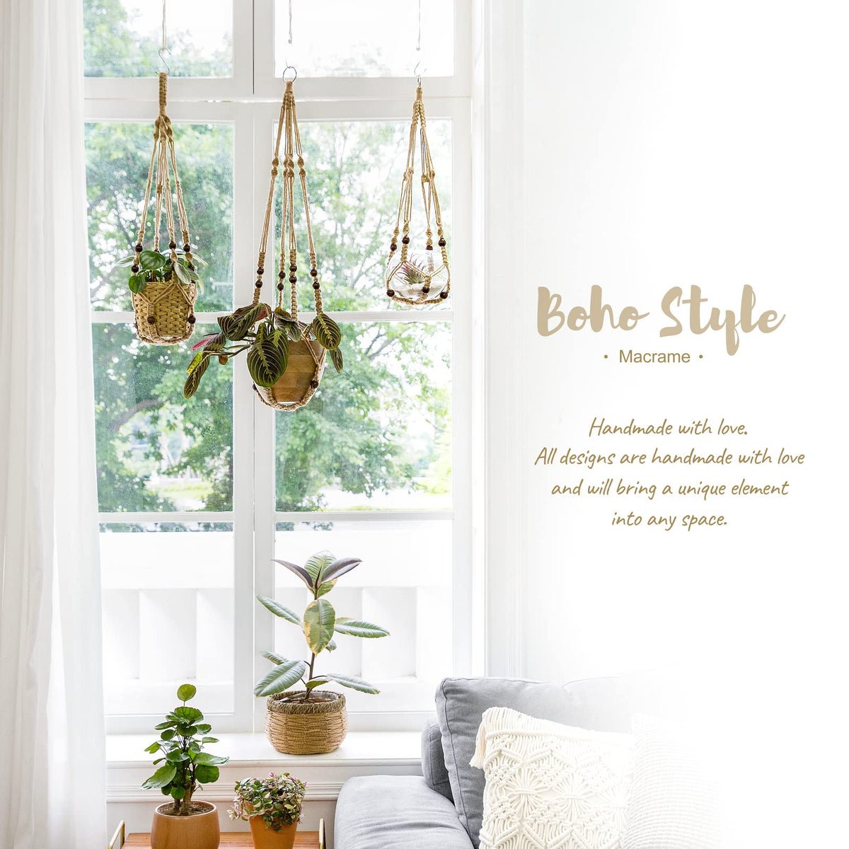 Mkono 3 Pack Macrame Plant Hangers Hanging Planters for Indoor Plants Brown