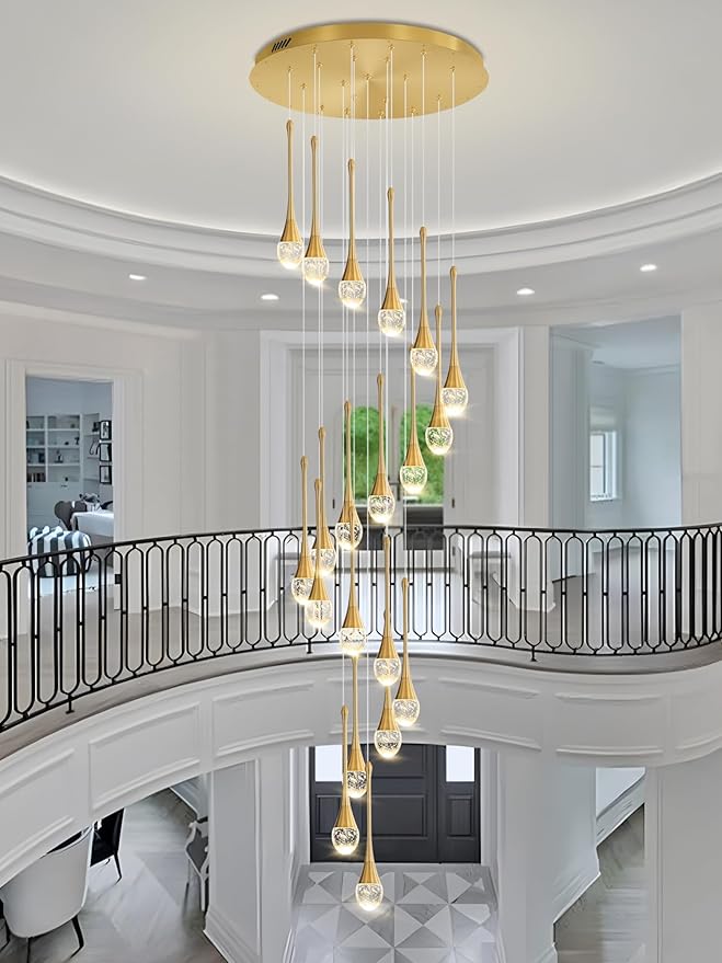138'' High Ceiling Chandelier for Entryway Gold Raindrop Crystal Chandeliers for Living Room Foyer Staircase Flush Mount Sloping Ceiling Pendant Light Fixture LED Dimming 2700k-6000k