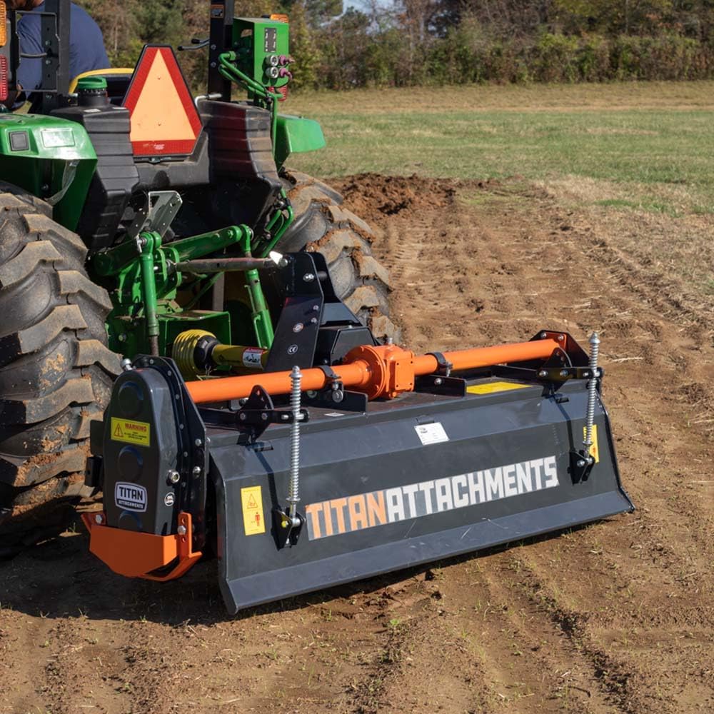 Titan Attachments 3 Point 60" Rotary Tiller Attachment Fits Cat 1 Tractors, Charcoal Finish, Single Speed PTO Driven Cultivator with a 540 RPM Gearbox, Replaceable L-Shaped Tines Work 5" Deep