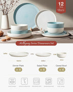 Famiware Milkyway Plates and Bowls Sets, 12 Pieces Dinnerware Sets, Reactive Glaze Dish Set, Stoneware Dishes Set for 4, Matte White & Light Blue