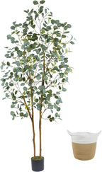 Artificial Eucalyptus Tree, 7ft Tall Silk Leaves Fake Plant with Basket for Outdoor Indoor, 83'' Faux Eucalyptus Trees for Home Office Livingroom Floor Décor
