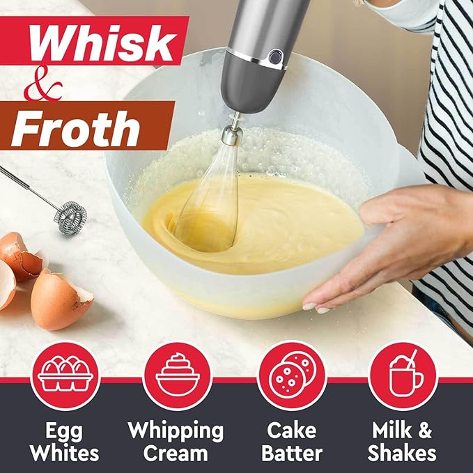 Mueller Multistick 5-in-1 Immersion Blender Handheld, 12 Speed Hand Mixer - Turbo Boost, Heaviest Duty Copper Motor, Titanium Blades Hand Blender, Milk Frother Wand, Whisk, Beaker, Chopper, Grey