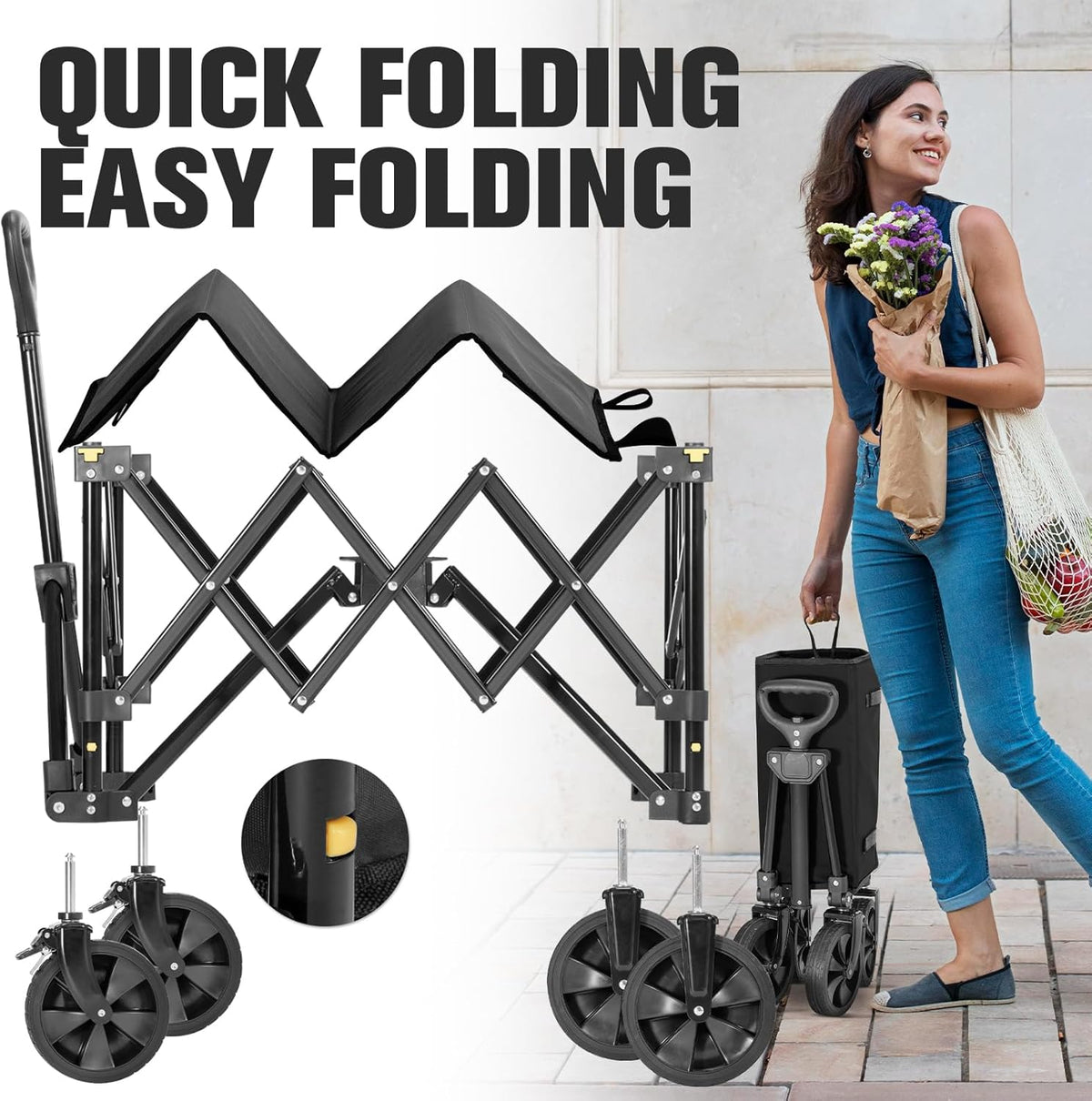 Wagon Cart Shopping Foldable Folding Collapsible with Wheels Big On Beach Garden Outdoor Grocery Heavy Duty Utility All Terrain Portable Wagons Carts for Groceries Sand Camping Sports Black