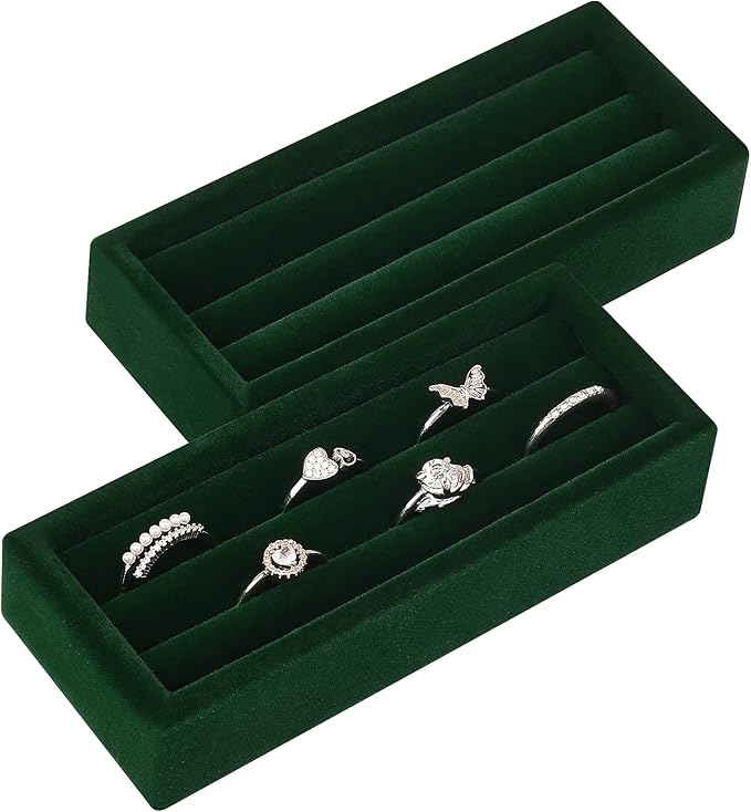 Small Jewelry Tray-Ring Organizer 2PCS Premium Velvet Rings Earrings Display Tray Storage Insert Holder for Jewelry Box, Drawer, Dresser (3 Slots, Green)