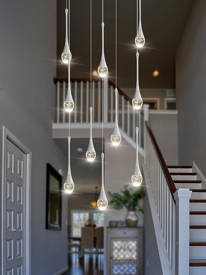 Rectangular Chandeliers for Living Room Silver Dining Room Lights Fixture Raindrop Pendant Lights Kitchen Island Crystal Chandelier for Staircase Hallway Foyer Entryway