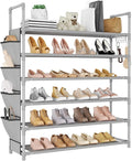 6 Tier Shoe Rack Storage for 24-30 Pairs Shoe and Boot, Shoe Organizer with Hook and Side Pocket Free Standing Long Shoe Shelf Tall Shoe Rack Organizer for Closet, Entryway, Dorm, Grey