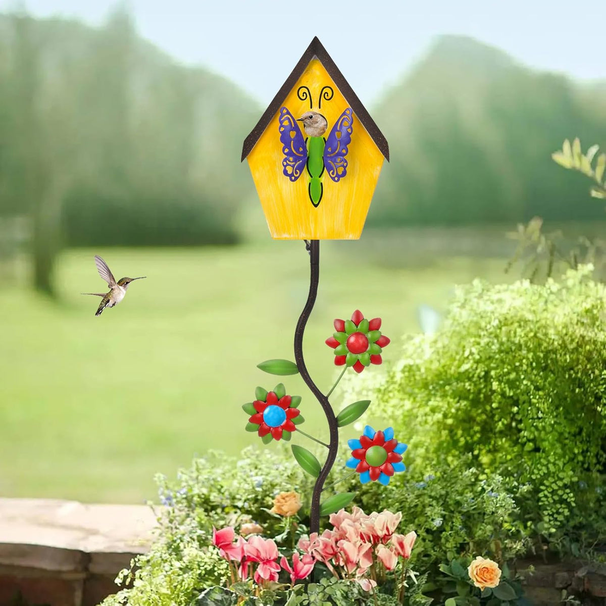 51” Bird Houses Stake for Outside, Metal Wild Bird Feeder Birdhouse Stake Pole with Butterfly Design Outdoor Decorations for Patio, Backyard, Garden