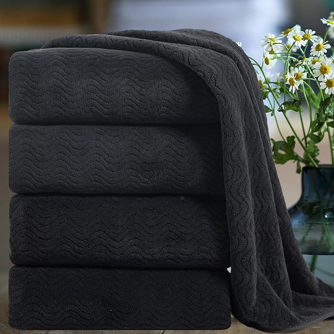 Ultra Soft Bath Towel Set of 4, Black Extra Large Textured Microfiber Luxury Towels 35x70 in, Quick Dry, Highly Absorbent, Fluffy, Oversized, for Bathroom Shower Pool Hotel Beach