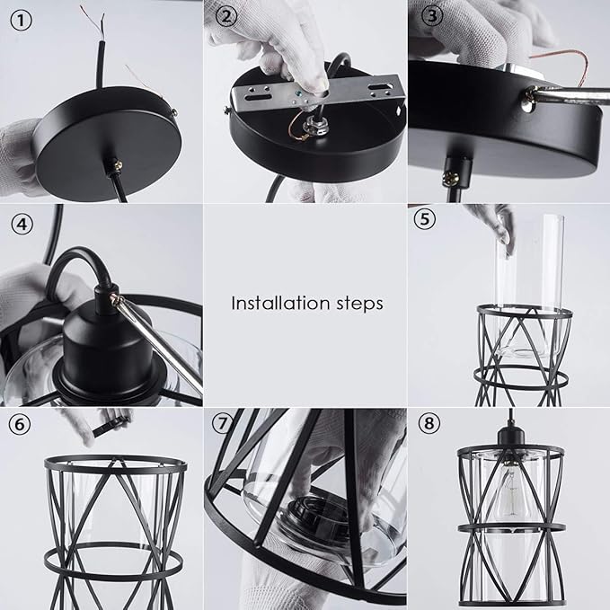 Black Industrial Metal Pendant Light with Clear Glass Shade, Transitional Cylinder Pendant Lighting Fixture for Kitchen Island Sink Counter Dining Room