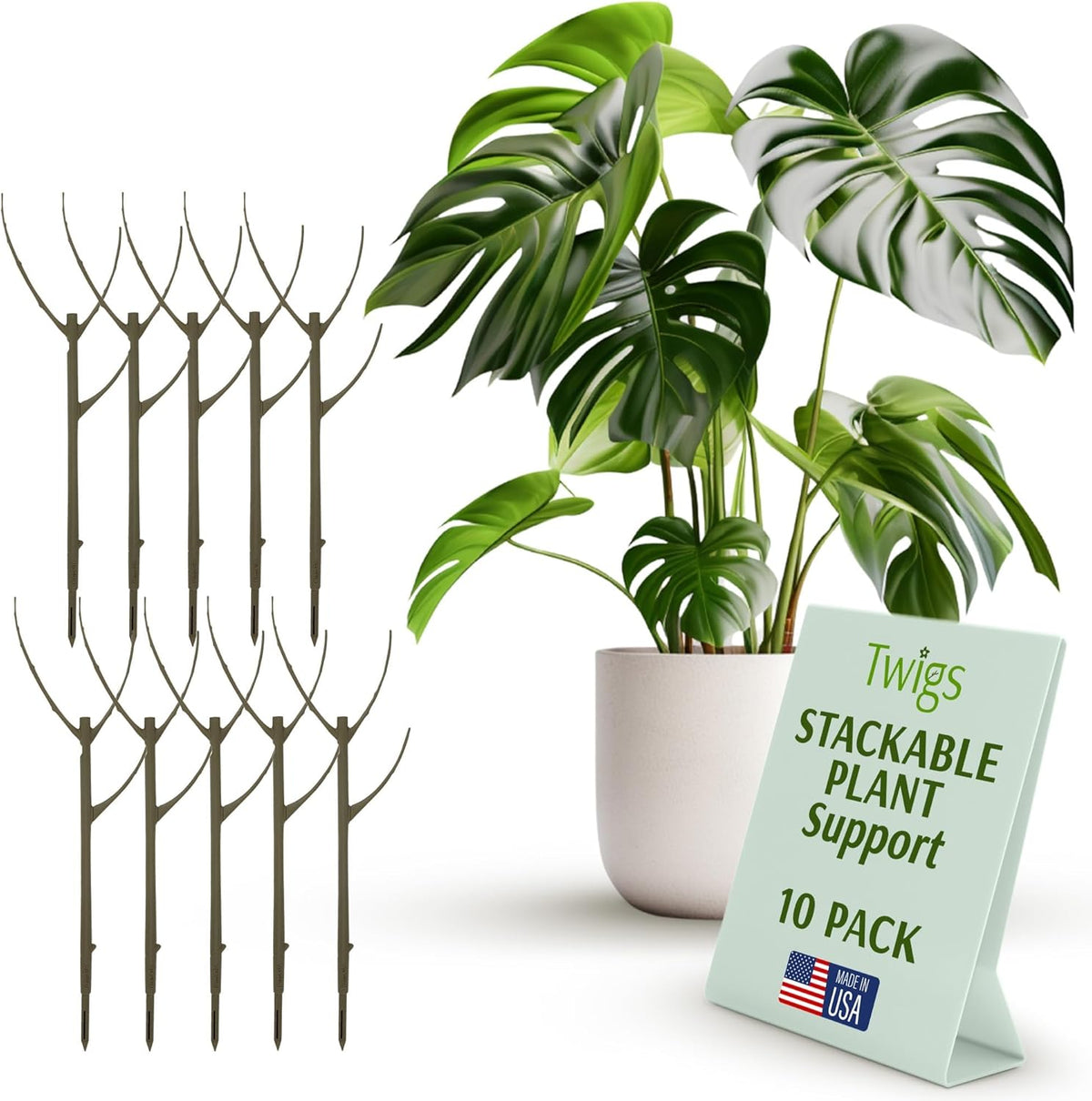 Stackable Plant Support Stakes, Stem Holder Structures for Indoor & Outdoor Use, Garden Accessories for Climbing & Potted Plants, Trellis Alternative - Moonstone, 10 Pack, 17" L