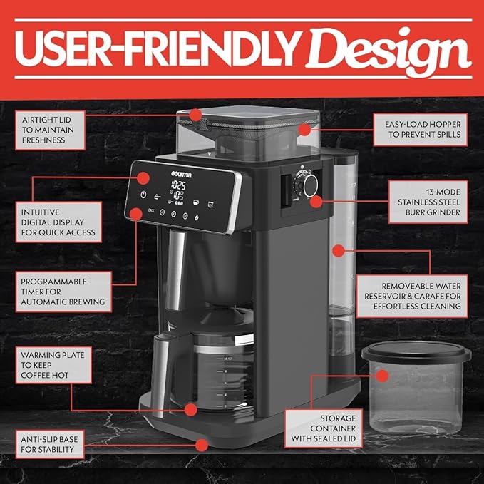Gourmia 10-Cup Grind & Brew Coffee Maker – Built-in Adjustable Grinder, Programmable Digital Timer, 3 Brew Strengths, 4-Hour Keep-Warm, Auto Shut-Off, Pause & Serve, Glass Carafe, Stainless Steel