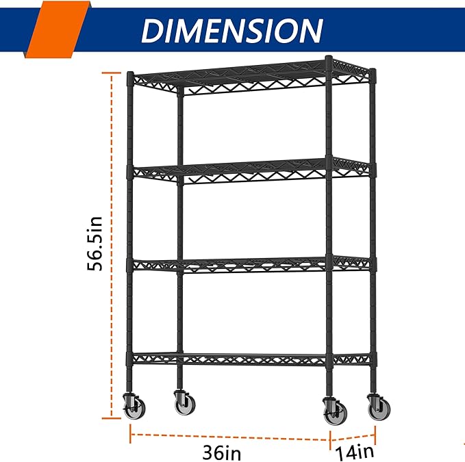 4-Shelf Adjustable Heavy Duty Storage Shelving Unit on 4 Wheel Casters, Metal Organizer Wire Rack for Laundry Bathroom Kitchen Pantry Closet, Black